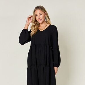 Double Take Full Size V-Neck Balloon Sleeve Tiered Dress with Pockets